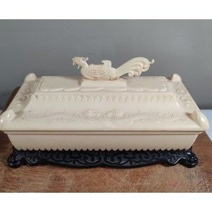 Vtg Alden Plastic Group celluloid lidded trinket box rooster & dragon design